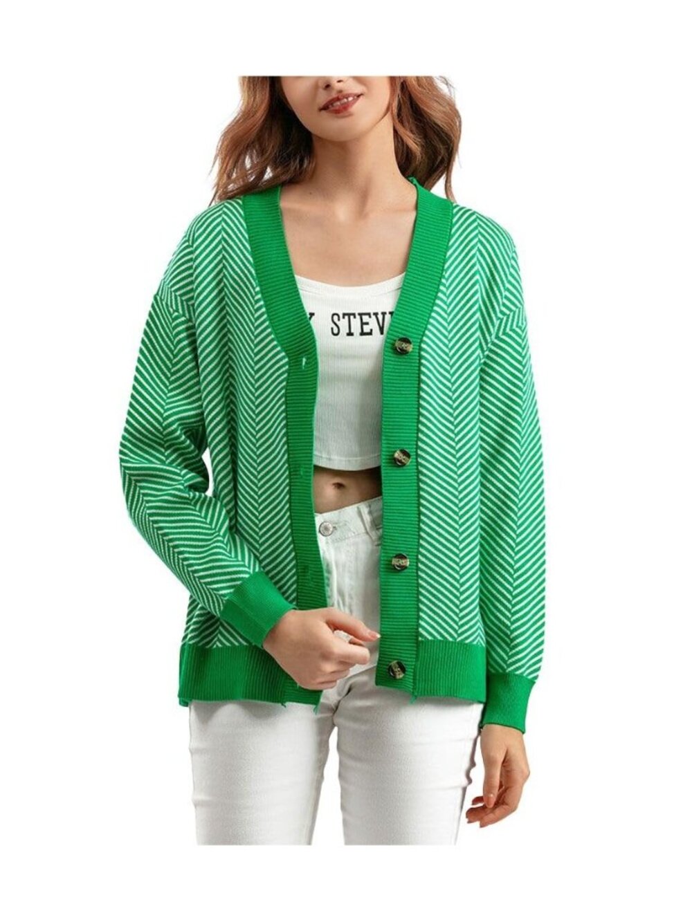Women's Herringbone Button Down Chunky Cardigan Sweater Jacket